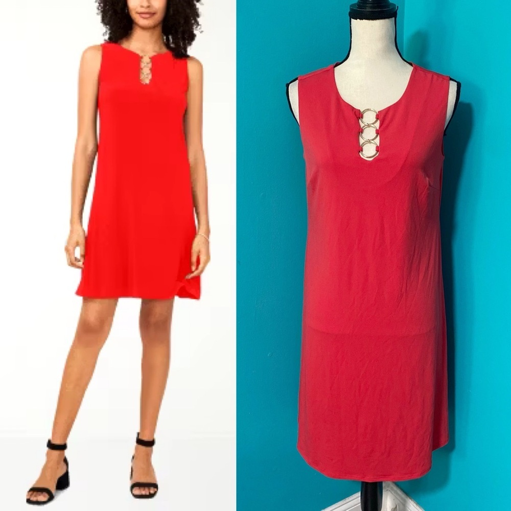 NWT JM Collection S Solid Red Sleeveless Shift Dress Circle Chain Neck Detail